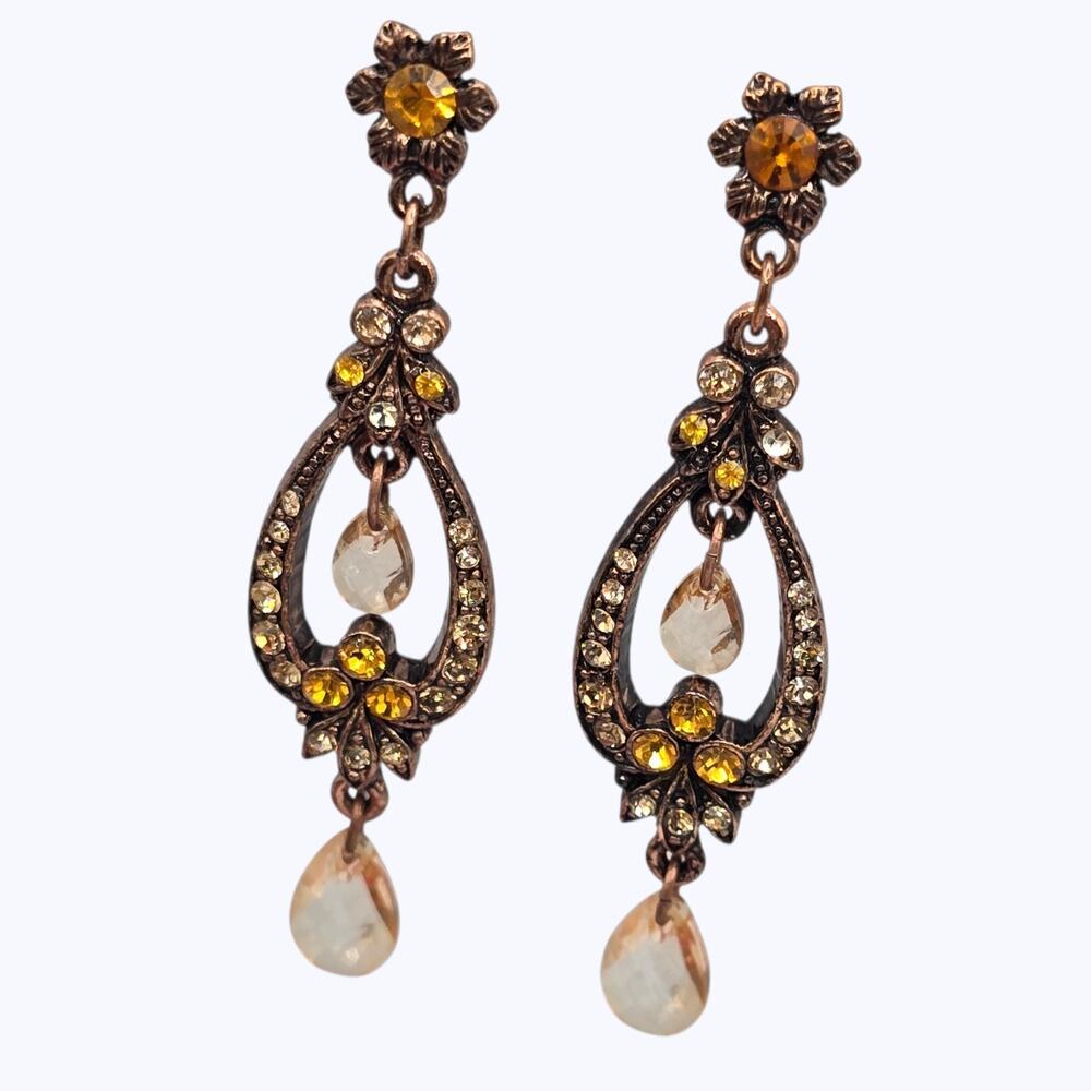Earrings Vintage Chandelier Ornate Filigree Design Bronze Copper Tone Pierced